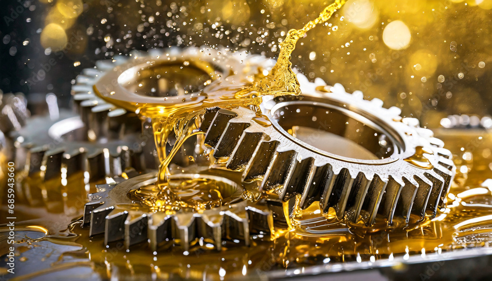 High quality industrial steel gears in lubricating oil splash, close up view. High quality industrial steel gears in lubricating oil splash, close up view.