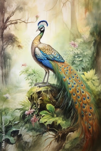 peacock in the tropical forest watercolor vintage painting for wall art background wallpaper