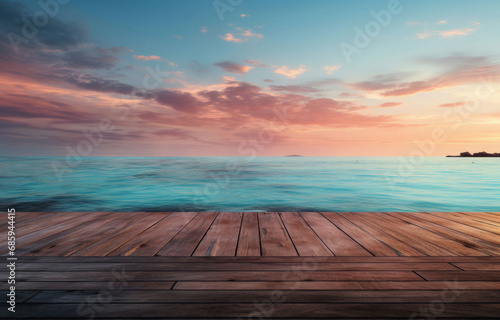 Wooden table, twilight and beach landscape with mock up or travel. Tropical paradise, dream vacation or island holiday, Background, summer wallpaper and relax in nature, sun and blue sea waves