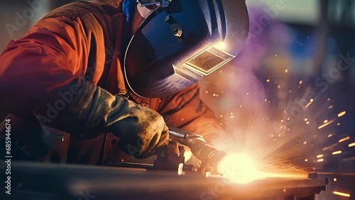 Closeup of the protective gear worn by the welder as they manipulate the welding torch in close proximity to the tiny section of the pipeline, emphasizing the safety precautions necessary photo