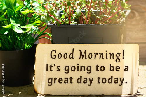 Morning quote on brown burn paper with potted plant. photo