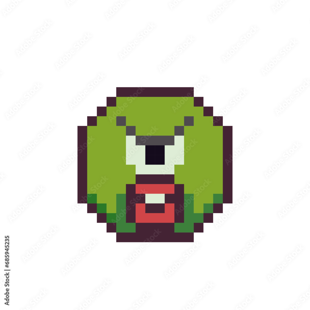 One-eyed angry green face with red lips pixel art icon emoticon cartoon character. 8-bit flat style. Isolated abstract vector illustration. One-eyed angry green face with red lips pixel art icon emoticon cartoon character. 8-bit flat style. Isolated abstract vector illustration.