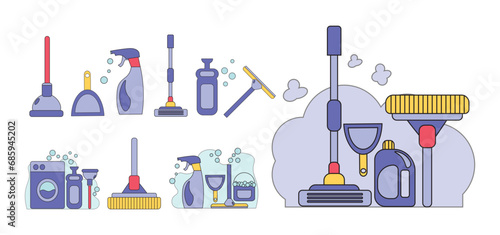 A set of cleaning equipment illustration. Cleansers and detergent in bottles, house cleaning tools and supplies for housework. Vector isolated design elements