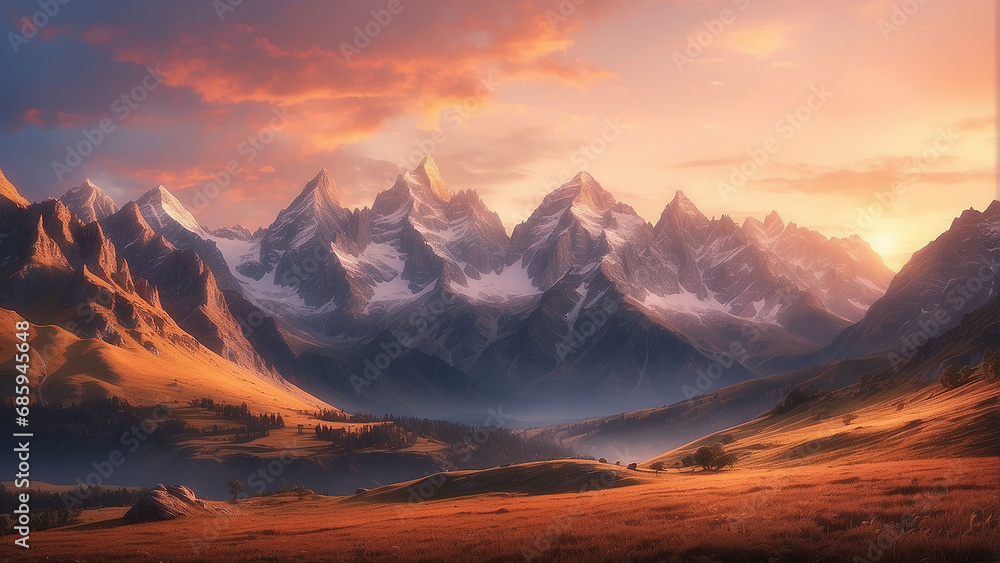 Capture the serene beauty of a mountain landscape bathed in the warm hues of the setting sun, creating a captivating contrast between rugged peaks and the soft glow of twilight AI-Generative Capture the serene beauty of a mountain landscape bathed in the warm hues of the setting sun, creating a captivating contrast between rugged peaks and the soft glow of twilight AI-Generative