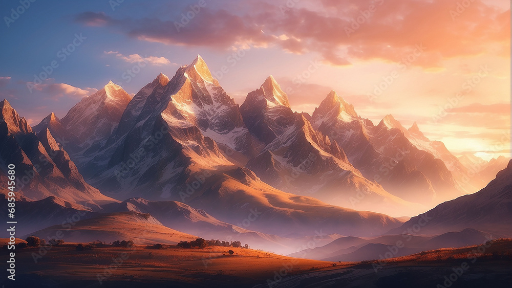 Capture the serene beauty of a mountain landscape bathed in the warm hues of the setting sun, creating a captivating contrast between rugged peaks and the soft glow of twilight AI-Generative