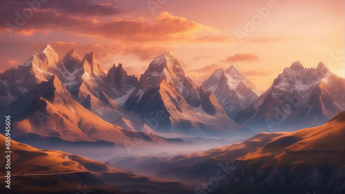 Capture the serene beauty of a mountain landscape bathed in the warm hues of the setting sun, creating a captivating contrast between rugged peaks and the soft glow of twilight AI-Generative © Max_T