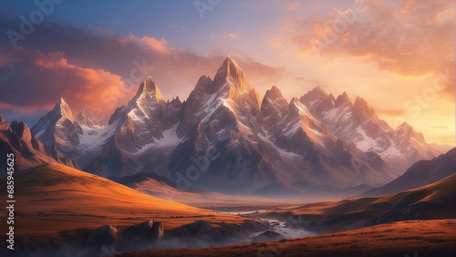 Capture the serene beauty of a mountain landscape bathed in the warm hues of the setting sun, creating a captivating contrast between rugged peaks and the soft glow of twilight AI-Generative