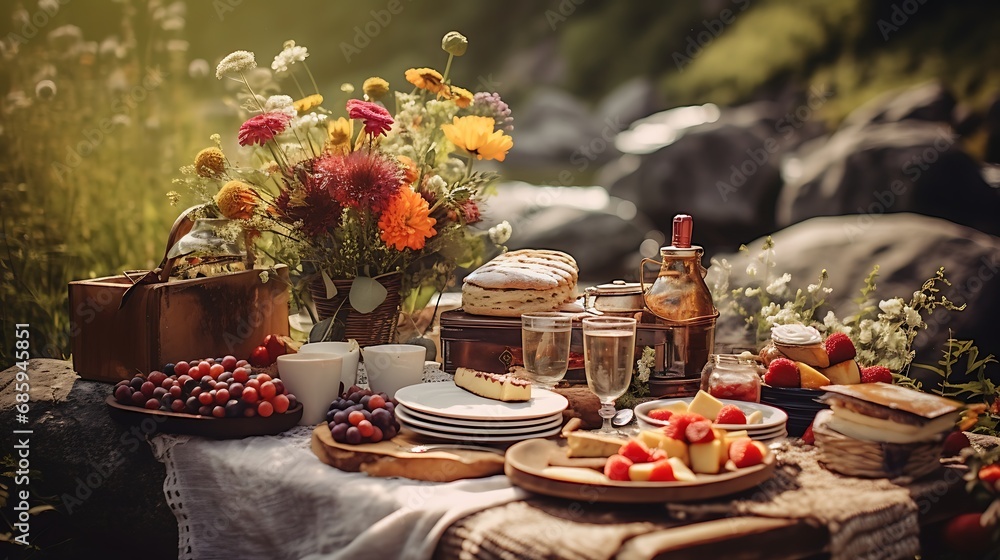 Rustic picnic spreads in natural settings