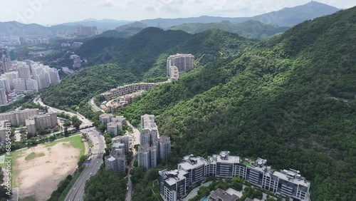City Aerial Skyview in Hong Kong premium residential area Kowloon Tong Waterloo Road Prince Edward Peninsula near Lion Rock, Victoria Harbour Financial Central District. photo