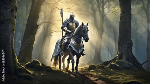 Picture a medieval knight on horseback, clad in armor, traversing a dense enchanted forest AI-Generative photo