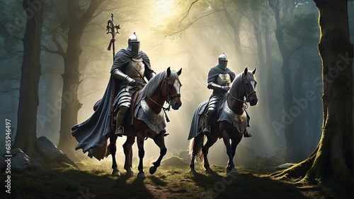 Picture a medieval knight on horseback, clad in armor, traversing a dense enchanted forest AI-Generative