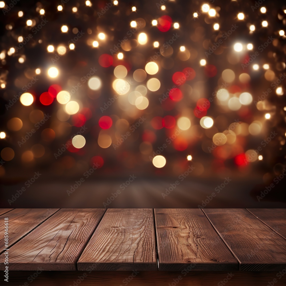 Christmas background with empty wooden table and snowflakes