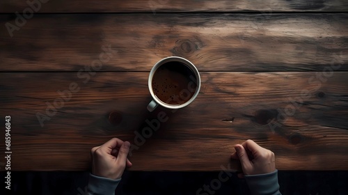 Hands holding a cup of coffee on a wooden table, Generative AI illustrations. photo