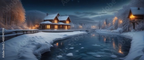 Fantasy winter fairytale night landscape in digital art painting anime style