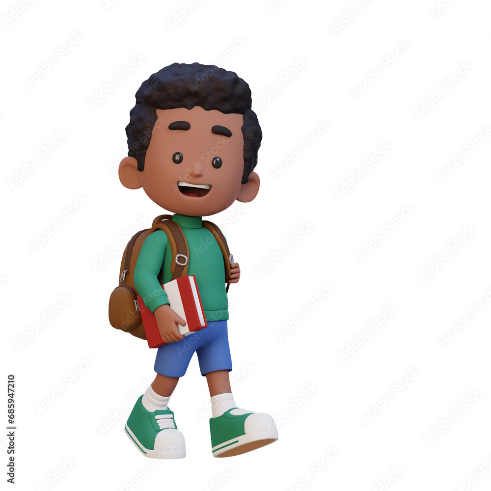3D happy kid character walking go to school holding book 3D happy kid character walking go to school holding book