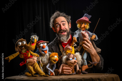 Puppeteer performing with puppets in the theater displaying one of the oldest performing arts