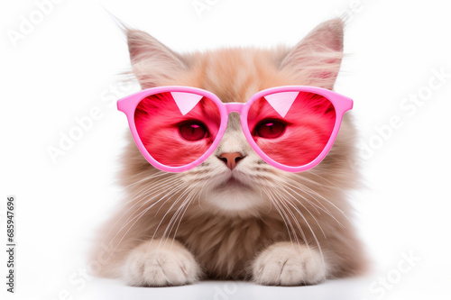 Cute little cat wearing pink heart style sunglasses, St. Valentines concept. 