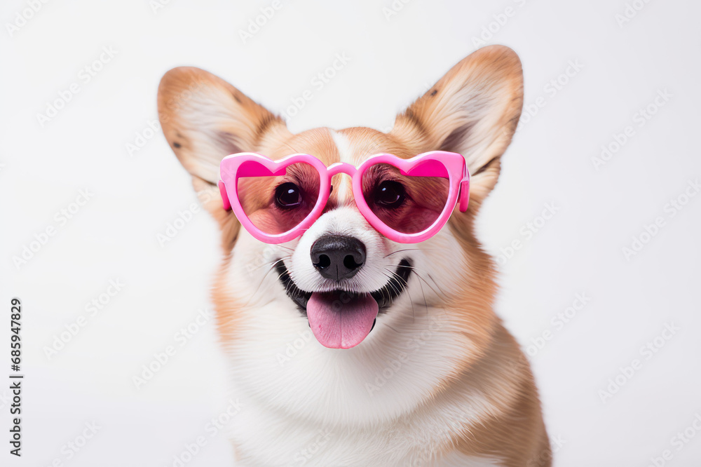 Cute little corgi dog wearing pink heart style sunglasses, St. Valentines concept. 