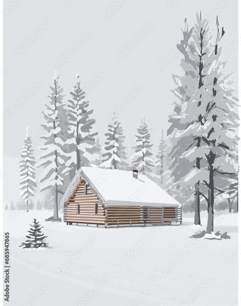 Winter scene of a log cabin in the middle of pine trees forest with the snow covered.