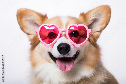 Cute little corgi dog wearing pink heart style sunglasses, St. Valentines concept.  © sderbane