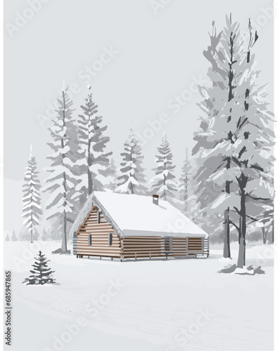Winter scene of a log cabin in the middle of pine trees forest with the snow covered.