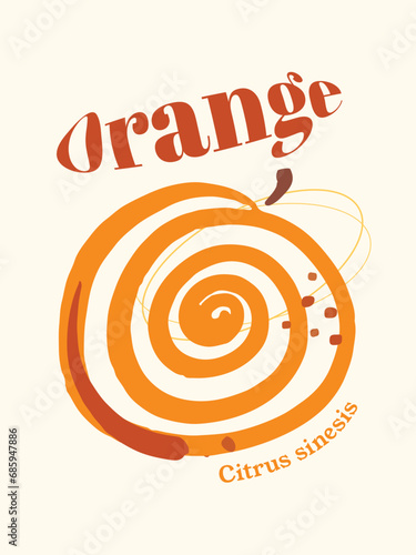 Orange or Citrus sinesis natural food high vitamin C. Fruit poster design vector illustration isolated on plain vertical yellow background. Simple flat doodle minimalist cartoon art styled drawing. photo