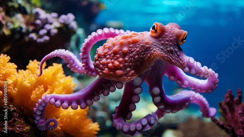 An octopus with tentacles and suckers on the background of the seabed with colorful fish and coral.  © sderbane
