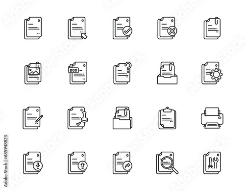 Set of outline icons related to documents, files, data, paperwork. Editable stroke. Outline icons suitable for web, infographics, interface, and apps.