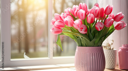 pink tulips in a vase on table with windows light