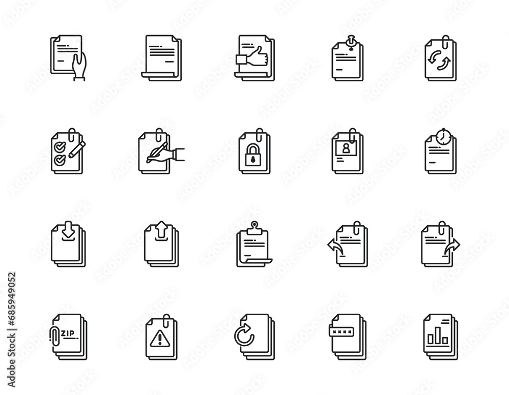 Set of outline icons related to document and file. Editable stroke. Outline icons suitable for web, infographics, interface, and apps. Set of outline icons related to document and file. Editable stroke. Outline icons suitable for web, infographics, interface, and apps.