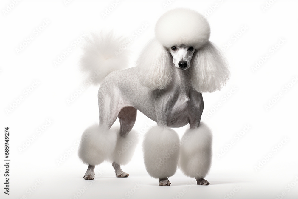 Obraz premium Poodle dog standing on a white background. Animal right-side portrait.