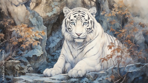 white tiger in the woods watercolor vintage painting for wall art background wallpaper photo