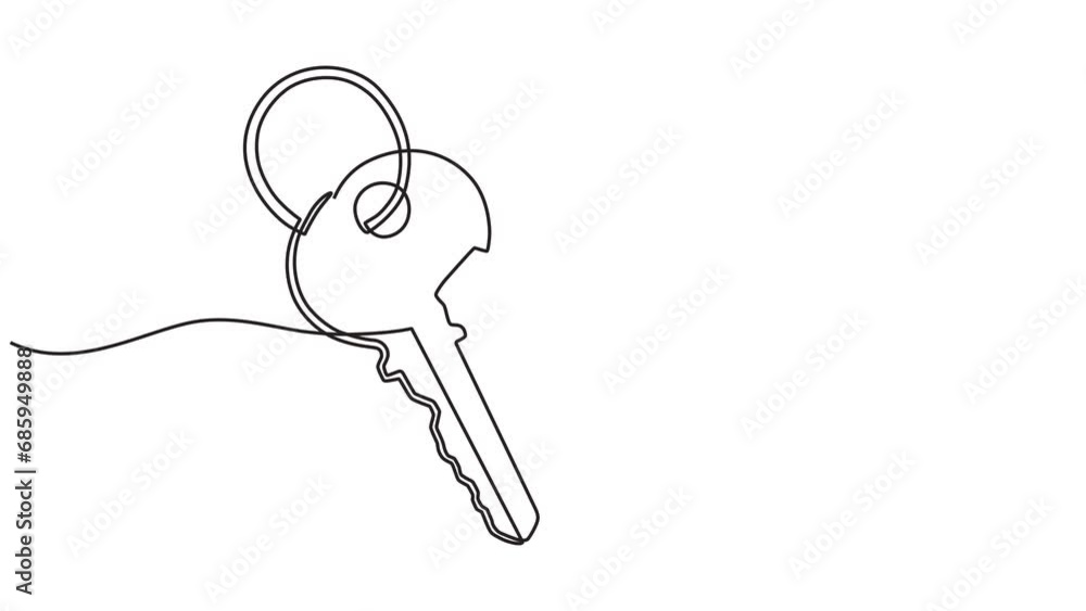 Continuous line animation video of a house key with a key chain in the ...