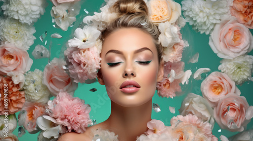 Young woman face with pastel colors makeup with splashes of water and fresh flowers around on blue background. © sderbane