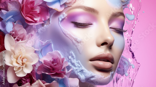 Young woman face with pastel colors makeup with splashes of water and fresh flowers around on blue background.