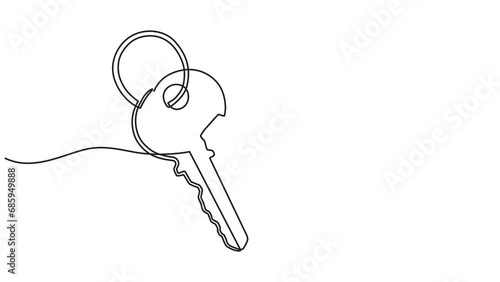 Continuous line animation video of a house key with a key chain in the shape of a house, Real estate concept, isolated on a transparent background. running line animation video. 4k videos photo