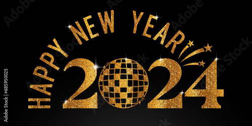 2024 Happy New Year Golden glitter text and shiny orange lighting
 (ID: 685950025)