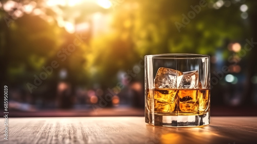the glass of whiskey on the rock, on table with blurred beer gar photo