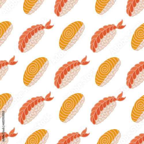 Nigiri seamless vector pattern. Fresh Japanese sushi with rice, shrimp, tamago omelette-fried egg. Traditional Asian fish rolls, sashimi. Raw seafood appetizer. Flat cartoon background for print, web