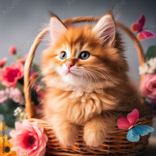 Ginger Kitten in Flower Basket: An adorable ginger kitten with bright blue eyes sits nestled in a wicker basket overflowing with colorful spring flowers and surrounded by playful butterflies.