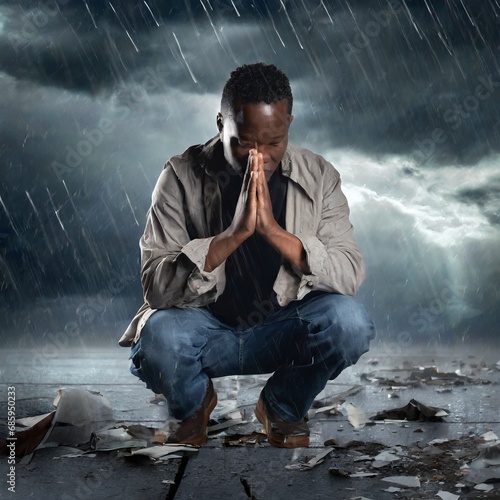 a man kneeling down praying in a disaster torn clothes with a dark sky and black clouds and rain falling; concept of hope, faith