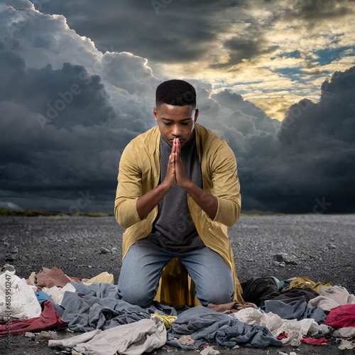a man kneeling down praying in a disaster torn clothes with a dark sky and black clouds and rain falling; concept of hope, faith