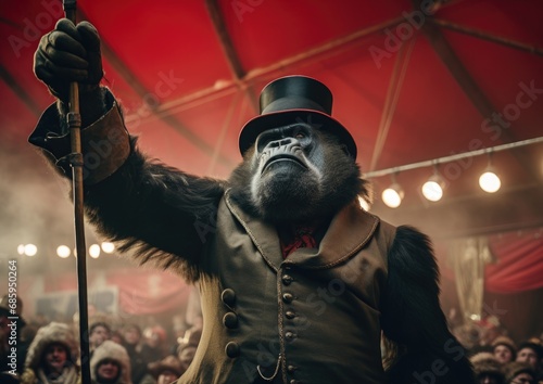 A gorilla dressed in a top hat and top coat. Generative AI.