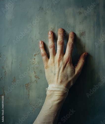 A hand with a bandage on it is holding onto a wall. Generative AI. photo