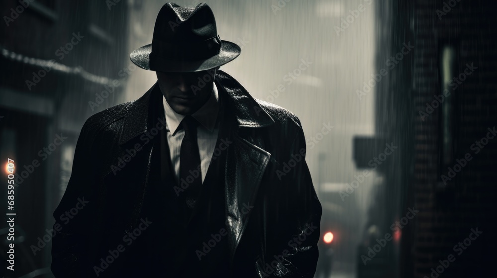 A man in a hat and suit walking down a dark alley. Generative AI.