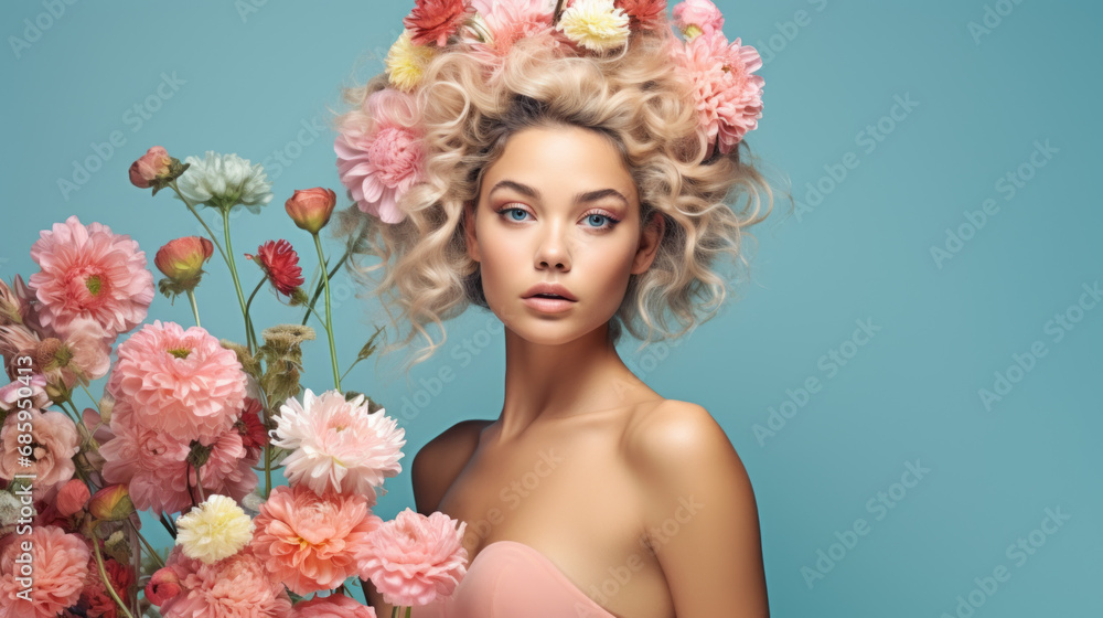 Young beautiful Caucasian girl with an curly vibrant colors hairstyle with flowers around. Portrait. Pink, light blue background.