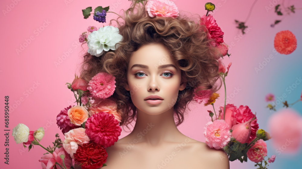 Young beautiful Caucasian girl with an curly vibrant colors hairstyle with flowers around. Portrait. Pink, light blue background.