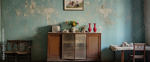 Example of Old Soviet Russian poor interior in Khruschev House. Aged sideboard, table, chairs, sofa. Shabby floor. Tattered wallpaper on the wall. Paper butterflies as decor. Apartment of pensioners.