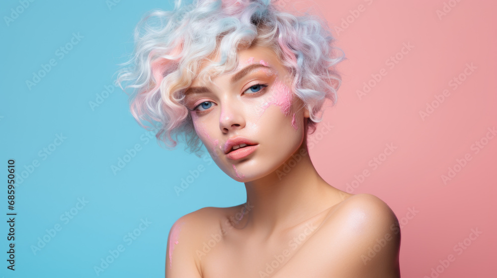 Young beautiful Caucasian girl with an curly vibrant colors hairstyle. Portrait. Pink, light blue background. Young beautiful Caucasian girl with an curly vibrant colors hairstyle. Portrait. Pink, light blue background.