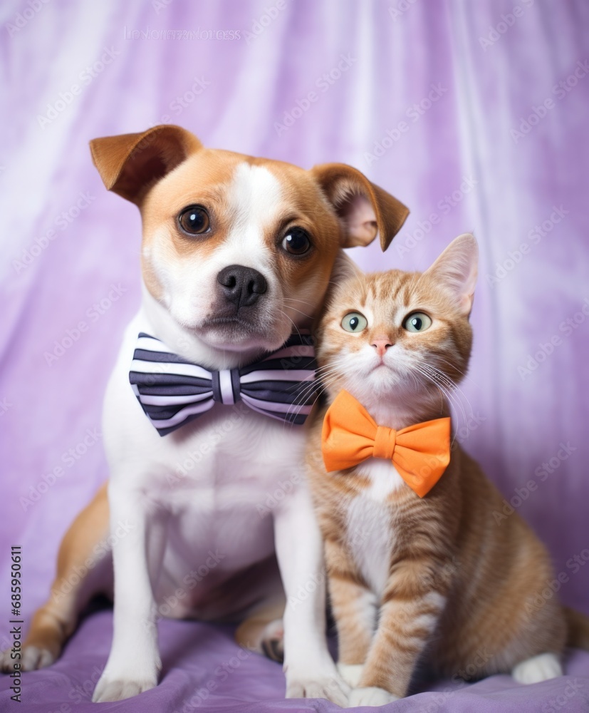 A dog and a cat wearing bow ties. Generative AI.